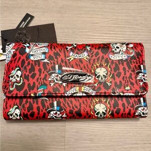 NWT Ed Hardy Red & White Flap Wallet Leopard Print Skull Love Dies Tattoo Y2K